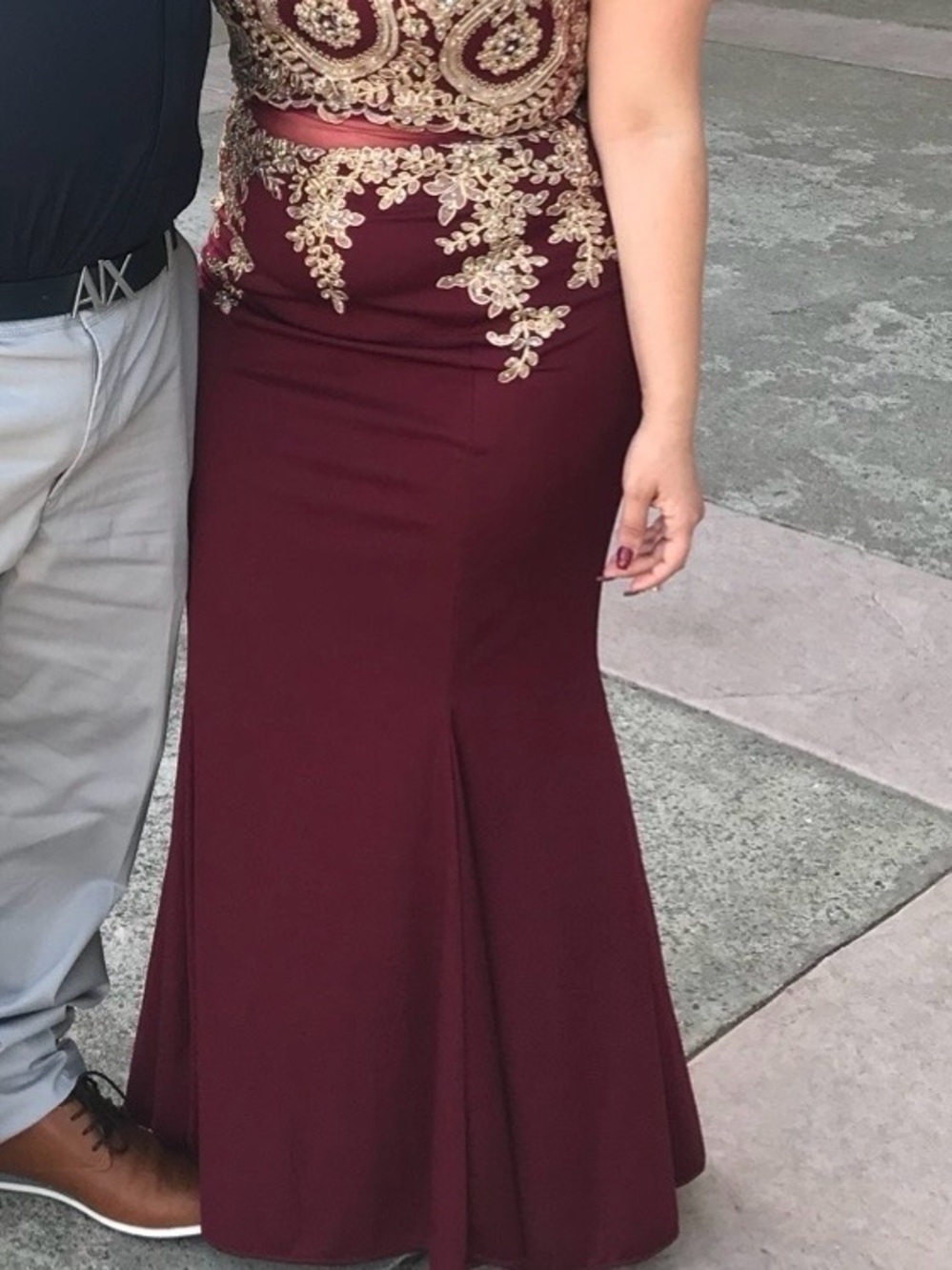 Gold Appliqué Burgundy Prom Dress